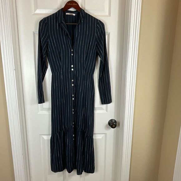 Becken Cinched Flare Dress Sz 2 Navy Blue Pinstriped Button Front Silk Dress H3 - Picture 3 of 12
